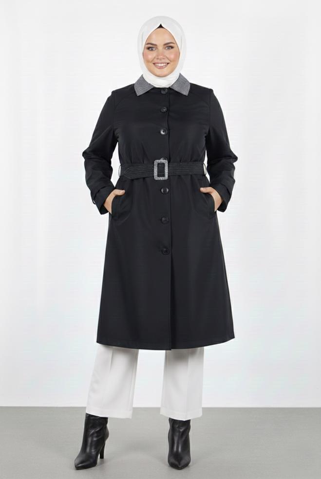 Tesettür giyim SİYAH KEMERLİ BÜYÜK BEDEN TRENÇKOT 10809 - ALVİNA