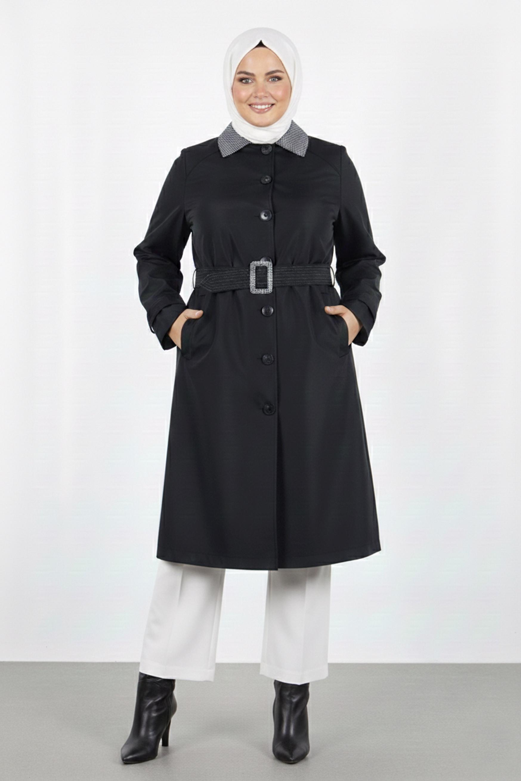 Tesettür giyim SİYAH KEMERLİ BÜYÜK BEDEN TRENÇKOT 10809