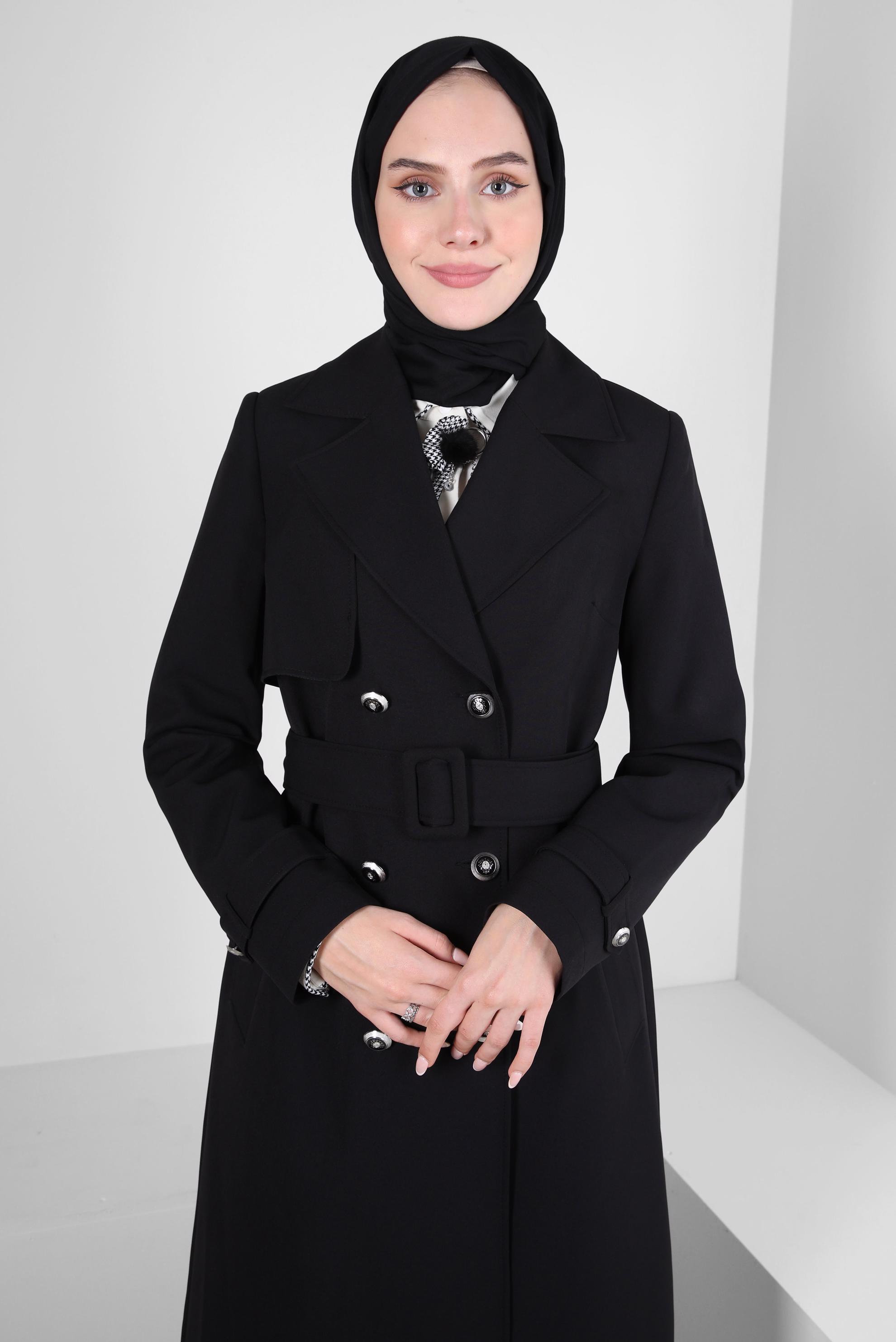 Tesettür giyim SİYAH KRUVAZE YAKA TRENÇKOT 10812
