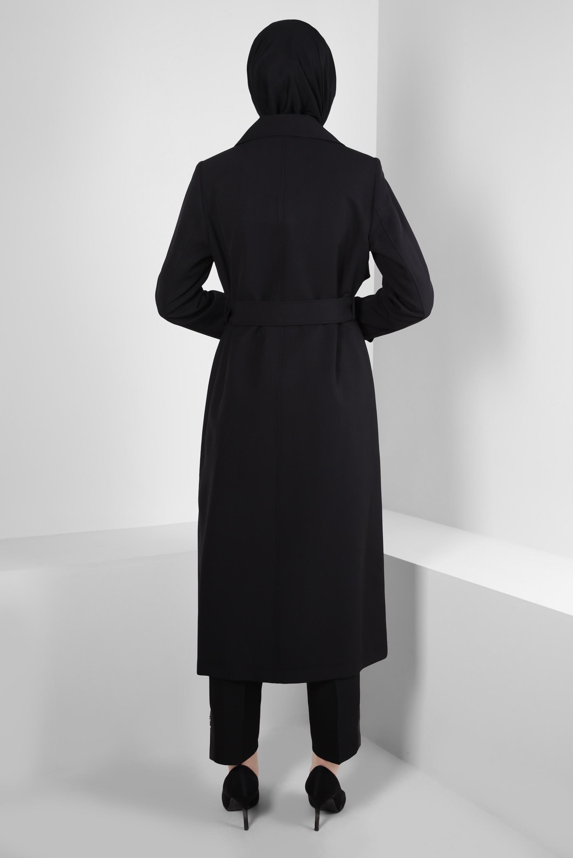 Tesettür giyim SİYAH KRUVAZE YAKA TRENÇKOT 10812