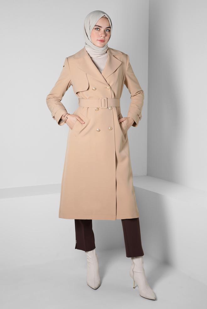 Hijab clothing BEIGE DOUBLE BREASTED TRENCH COAT 10812 - ALVİNA