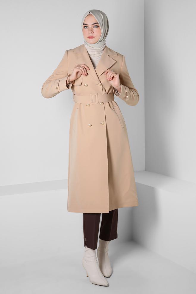 Hijab clothing BEIGE DOUBLE BREASTED TRENCH COAT 10812 - ALVİNA