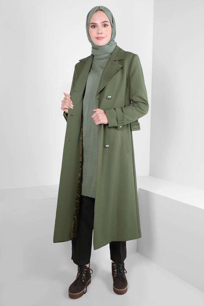 Hijab clothing KHAKI DOUBLE BREASTED TRENCH COAT 10812 - ALVİNA