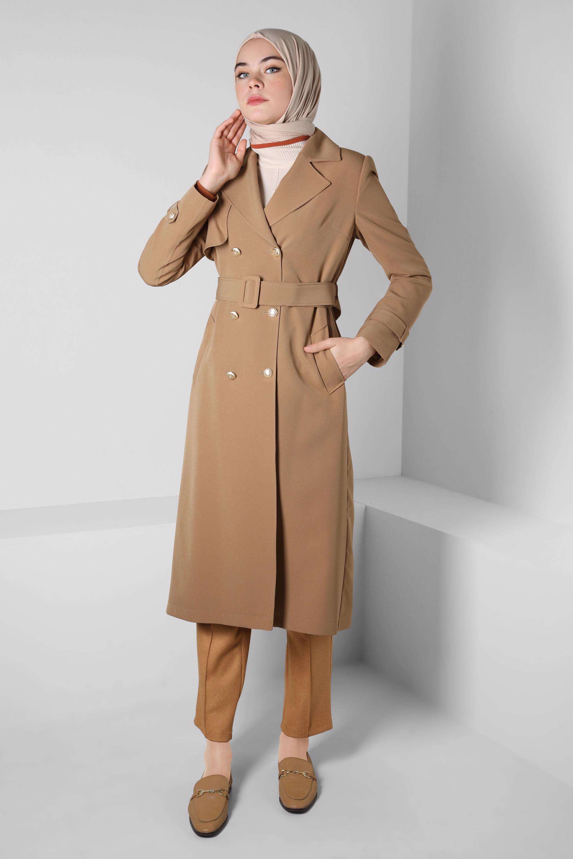 Tesettür giyim BEJ KRUVAZE YAKA TRENÇKOT 10812
