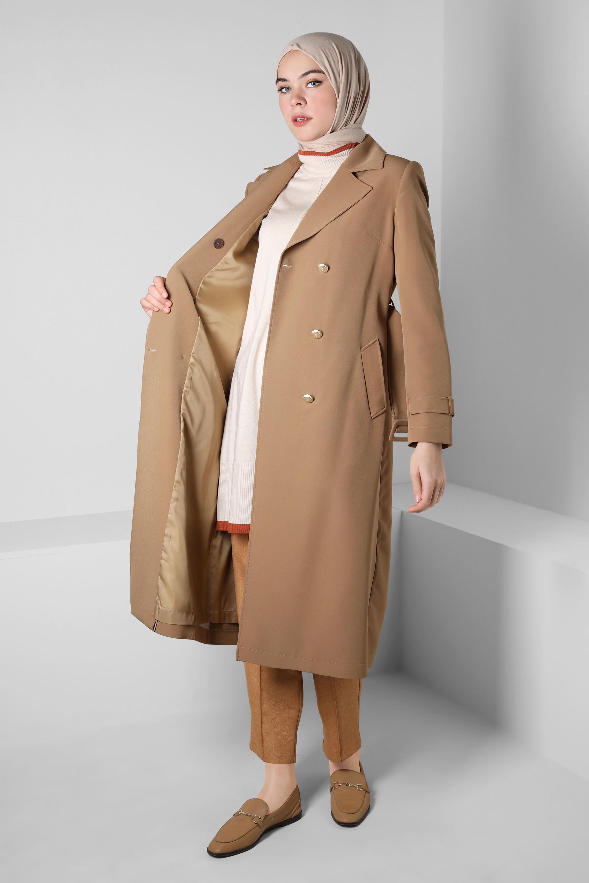 Tesettür giyim BEJ KRUVAZE YAKA TRENÇKOT 10812