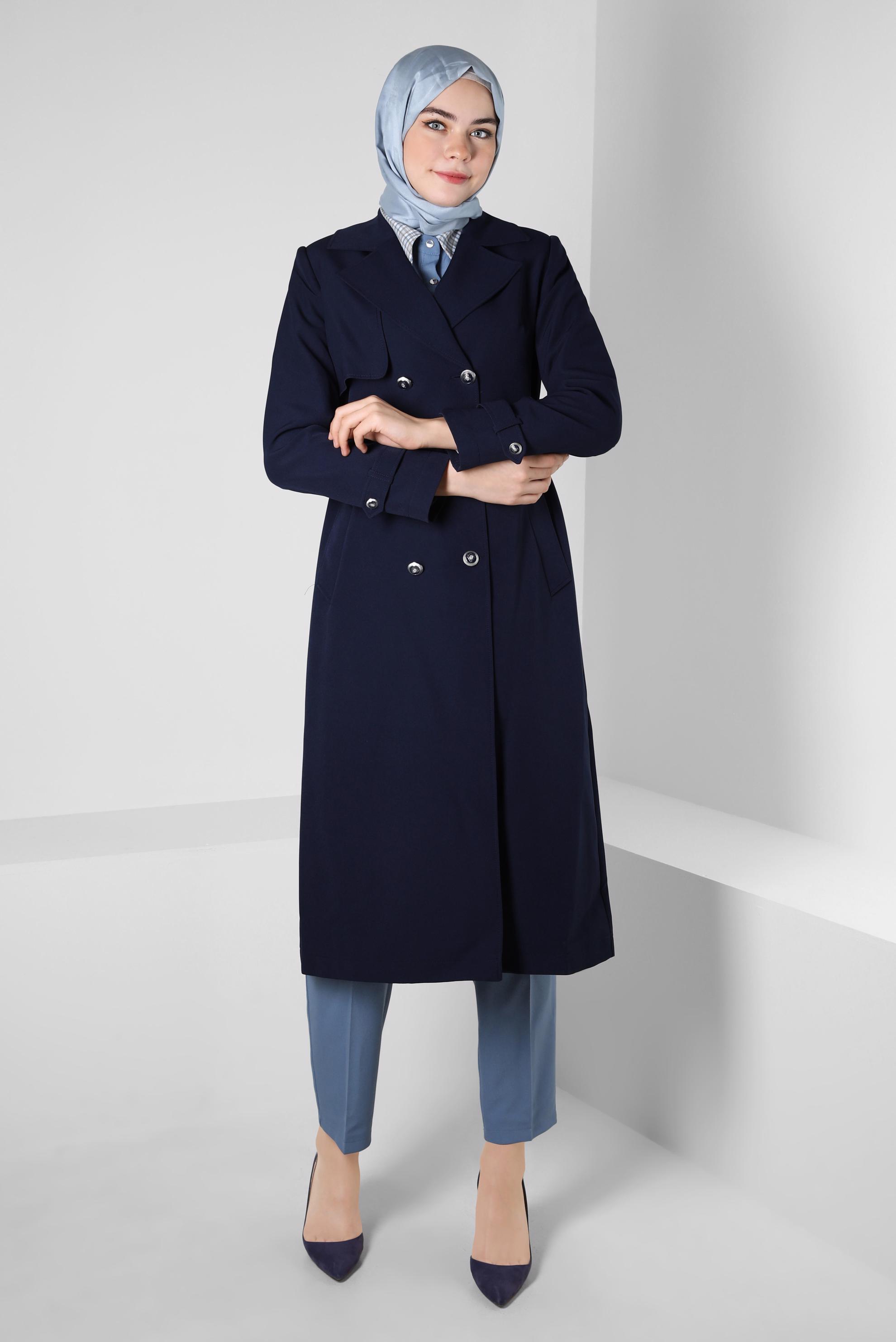 Tesettür giyim LACİVERT KRUVAZE YAKA TRENÇKOT 10812