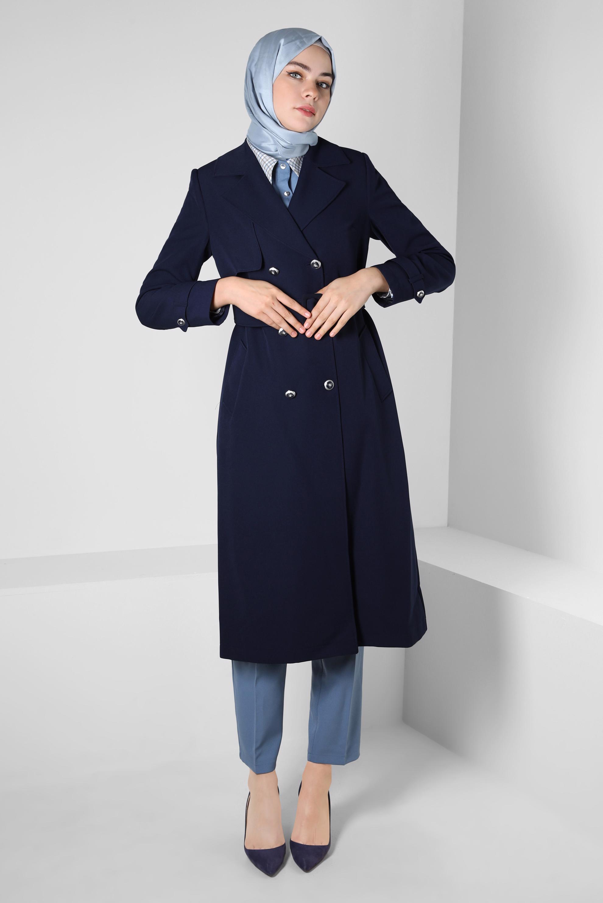 Tesettür giyim LACİVERT KRUVAZE YAKA TRENÇKOT 10812