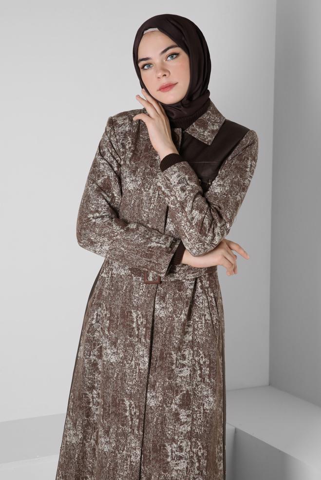 Hijab clothing BROWN PATTERNED BELTED TRENCH COAT 10813-1 - ALVİNA
