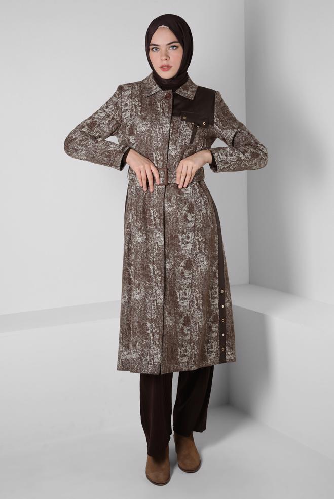 Hijab clothing BROWN PATTERNED BELTED TRENCH COAT 10813-1 - ALVİNA