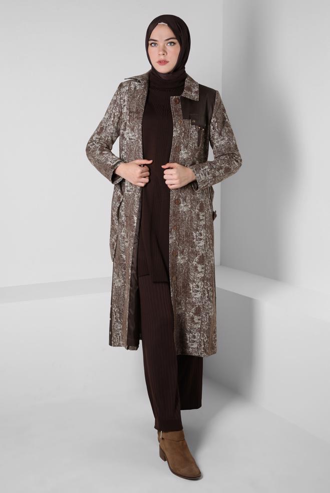 Hijab clothing BROWN PATTERNED BELTED TRENCH COAT 10813-1 - ALVİNA