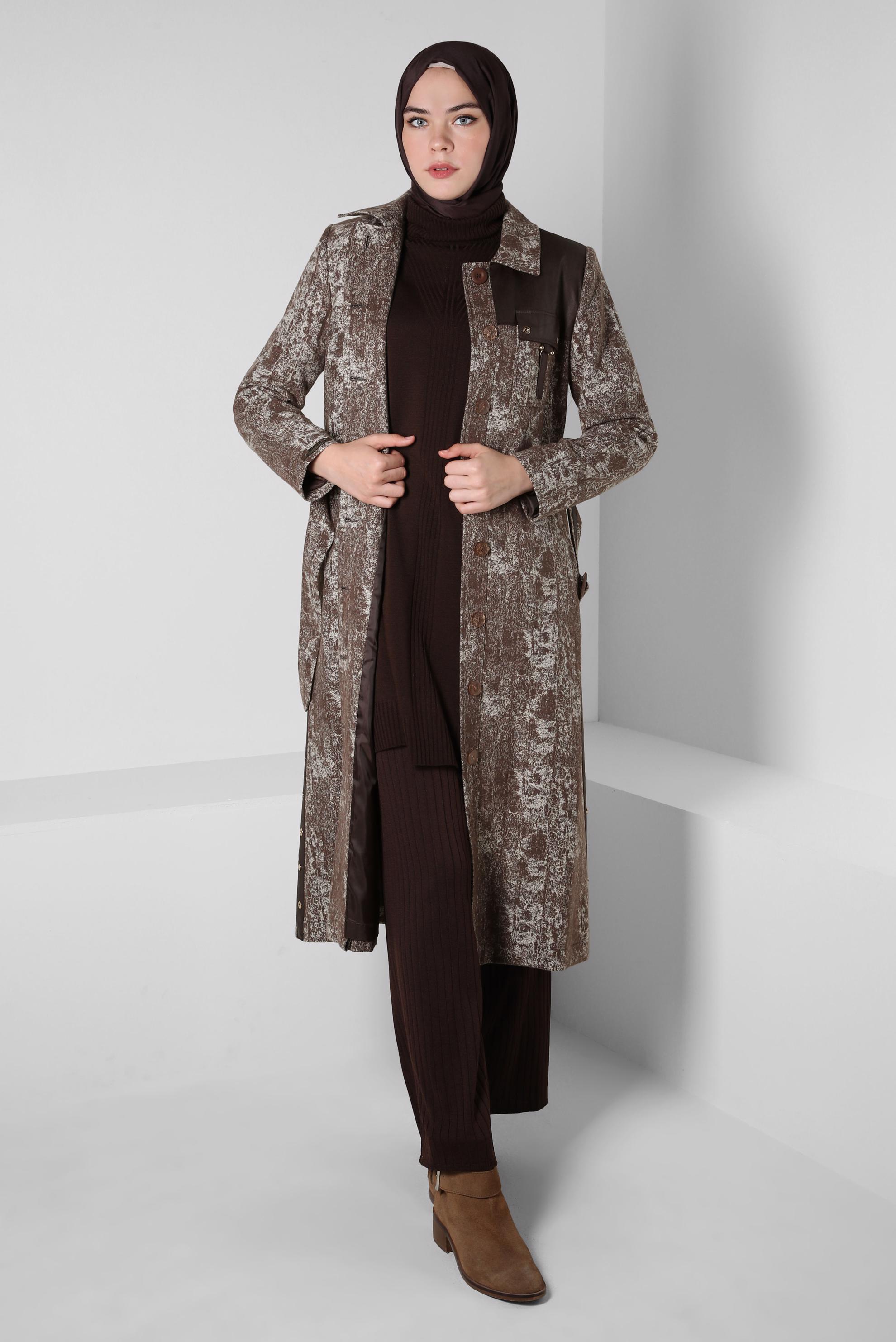 Vêtements hijab BRUN TRENCH-COAT CEINTURE À MOTIFS 10813-1
