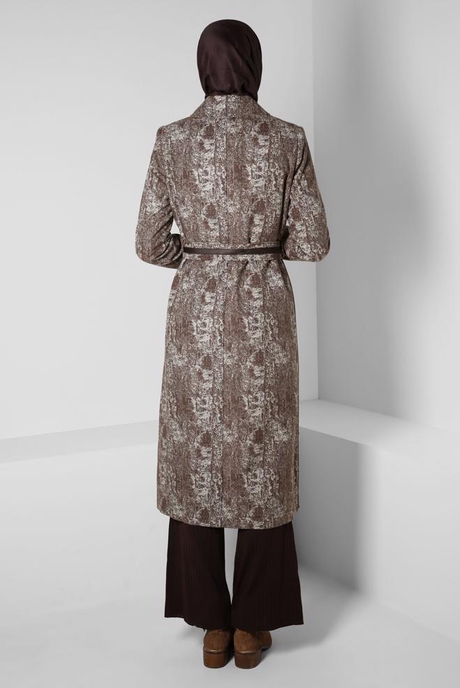 Hijab clothing BROWN PATTERNED BELTED TRENCH COAT 10813-1 - ALVİNA