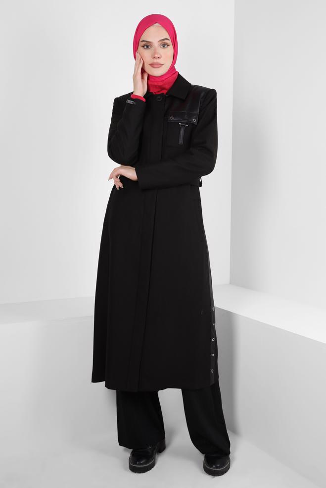 Hijab clothing BLACK EYELET DETAIL BELTED TRENCH COAT 10813-2 - ALVİNA