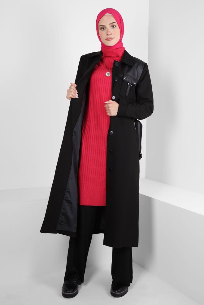 Hijab clothing BLACK EYELET DETAIL BELTED TRENCH COAT 10813-2 - ALVİNA