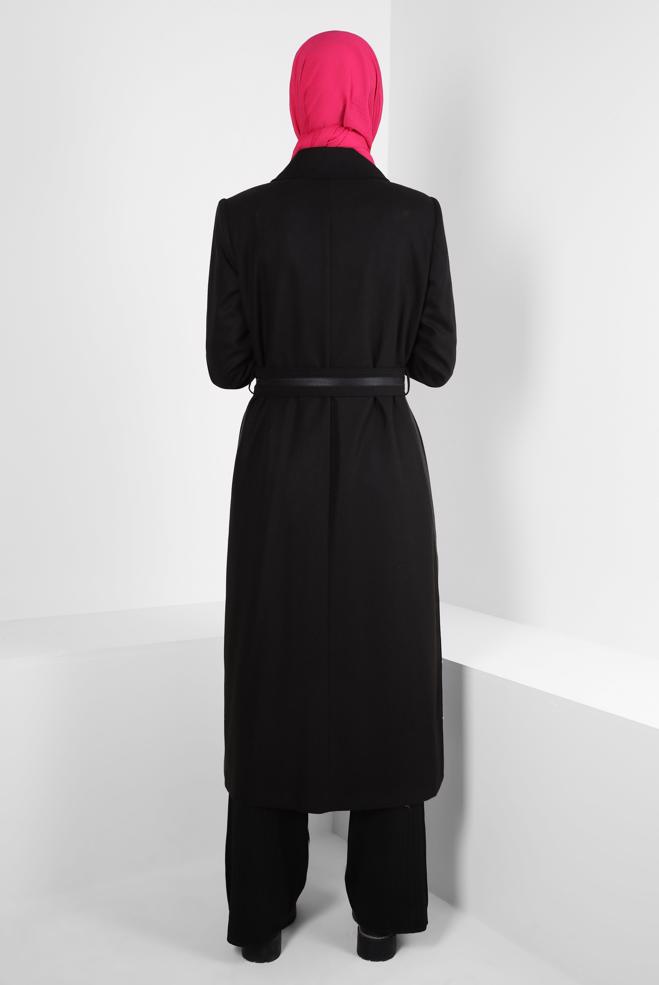 Hijab clothing BLACK EYELET DETAIL BELTED TRENCH COAT 10813-2 - ALVİNA