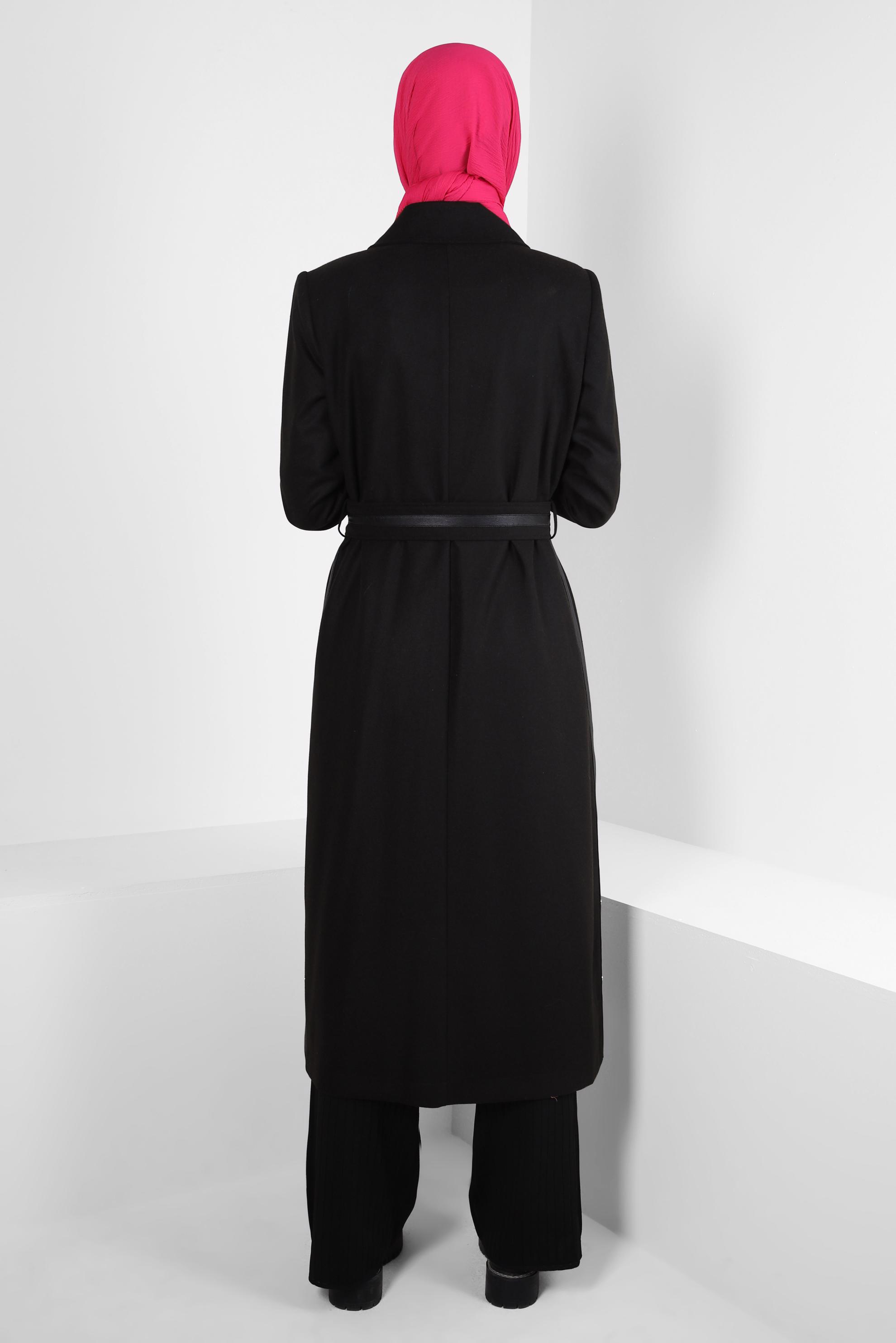 Vêtements hijab NOIR TRENCH-COAT CEINTURE AVEC ŒILLETS 10813-2