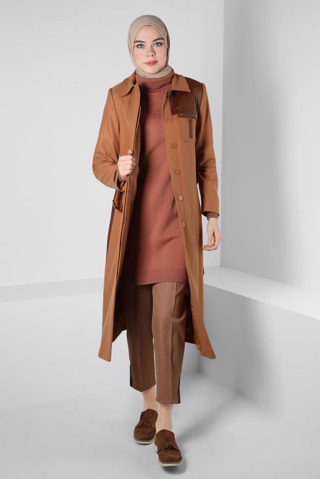 Hijab clothing BROWN EYELET DETAIL BELTED TRENCH COAT 10813-2 - ALVİNA