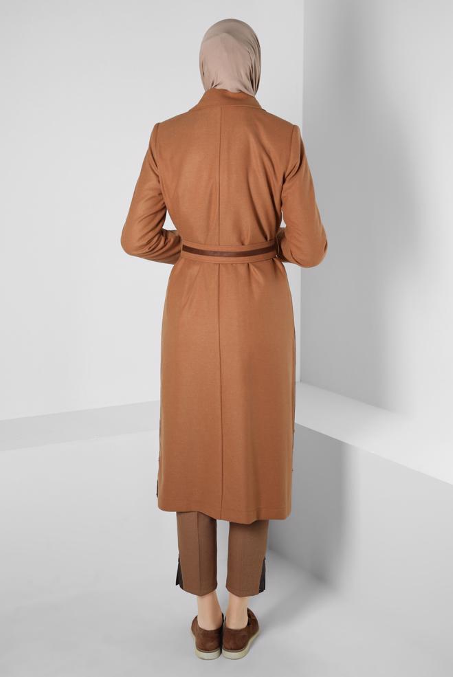Hijab clothing BROWN EYELET DETAIL BELTED TRENCH COAT 10813-2 - ALVİNA