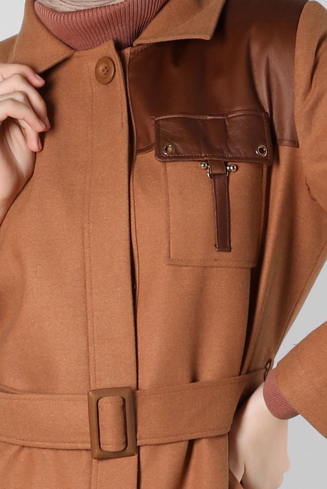 Hijab clothing BROWN EYELET DETAIL BELTED TRENCH COAT 10813-2 - ALVİNA