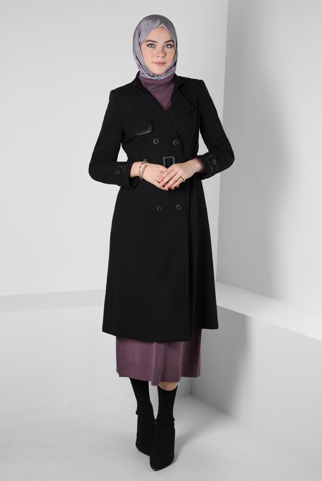 Hijab clothing BLACK BELTED TRENCH COAT 10814 - ALVİNA