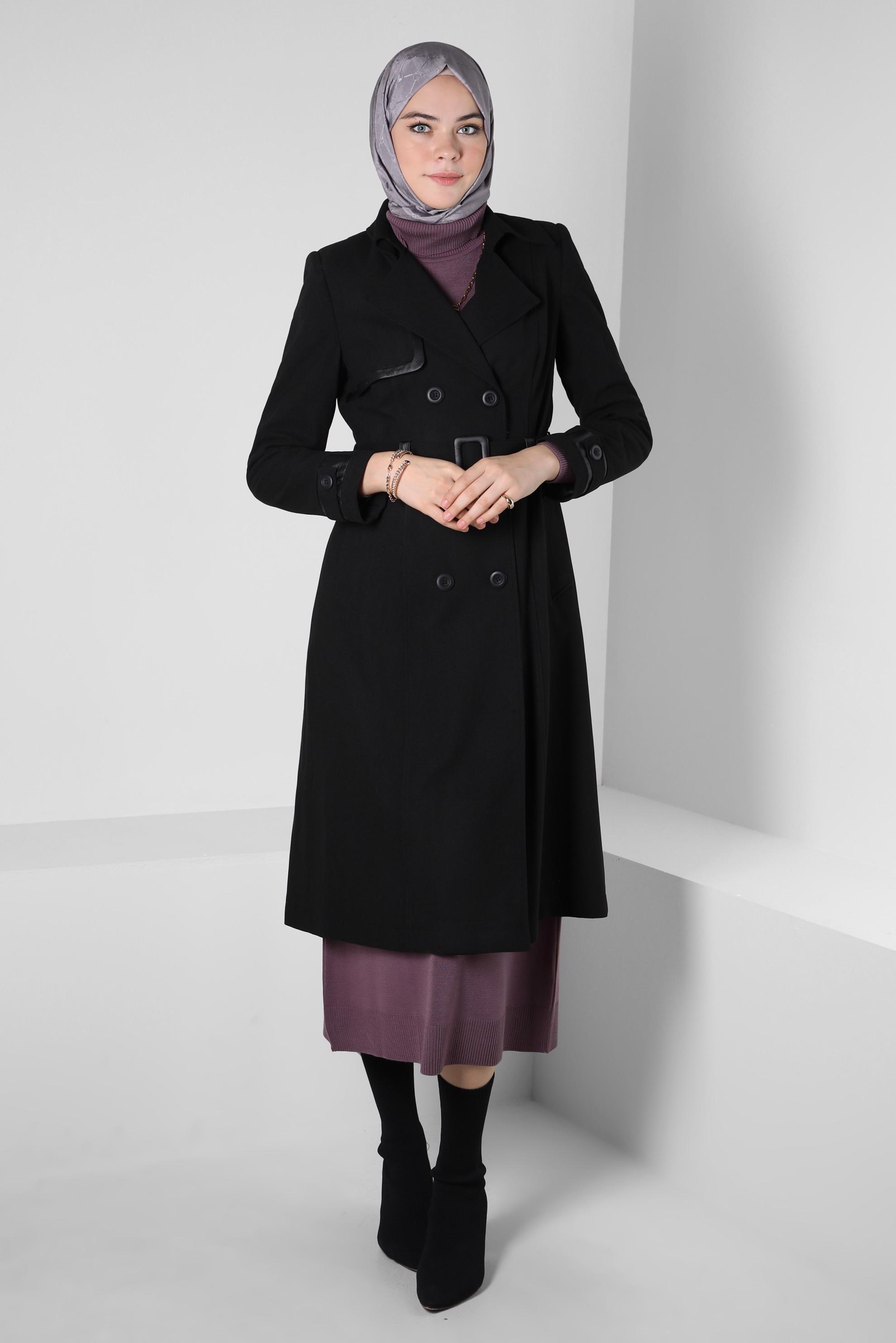 Vêtements hijab NOIR TRENCH-COAT CEINTURE 10814