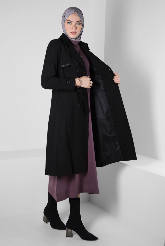 Hijab clothing BLACK BELTED TRENCH COAT 10814 - ALVİNA