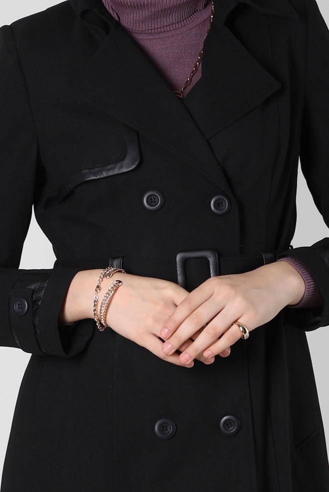 Hijab clothing BLACK BELTED TRENCH COAT 10814 - ALVİNA