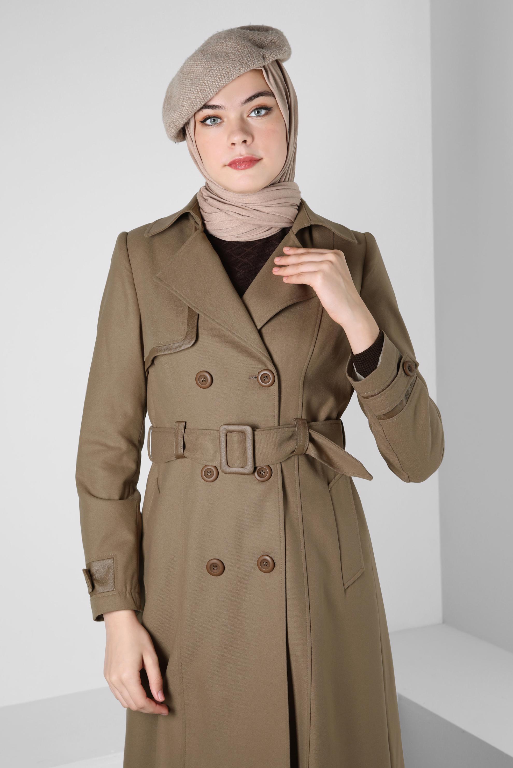 Tesettür giyim BEJ KEMERLİ TRENÇKOT 10814
