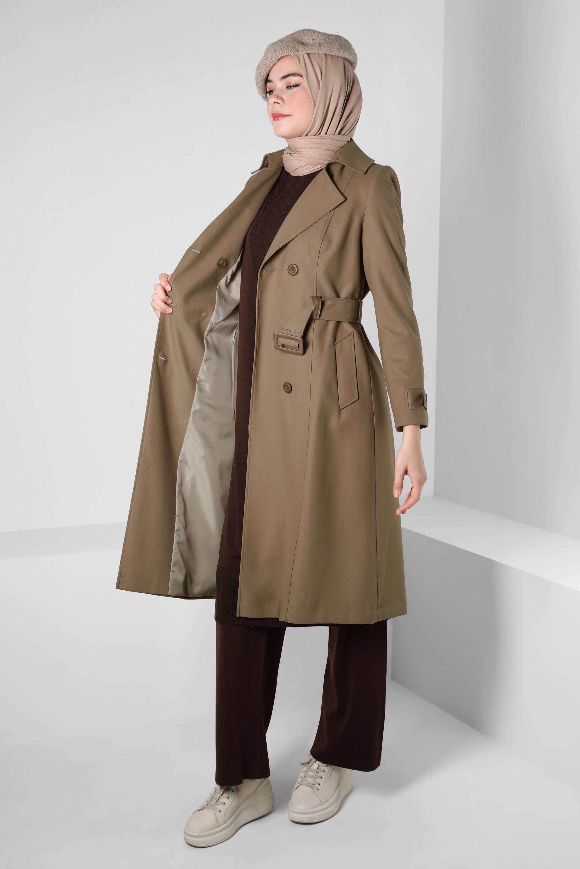Tesettür giyim BEJ KEMERLİ TRENÇKOT 10814