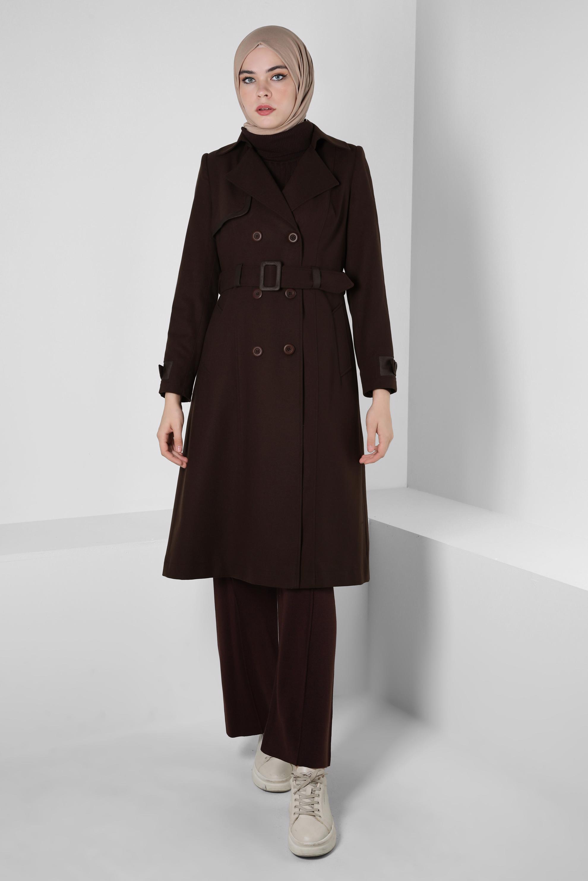 Tesettür giyim KAHVE KEMERLİ TRENÇKOT 10814