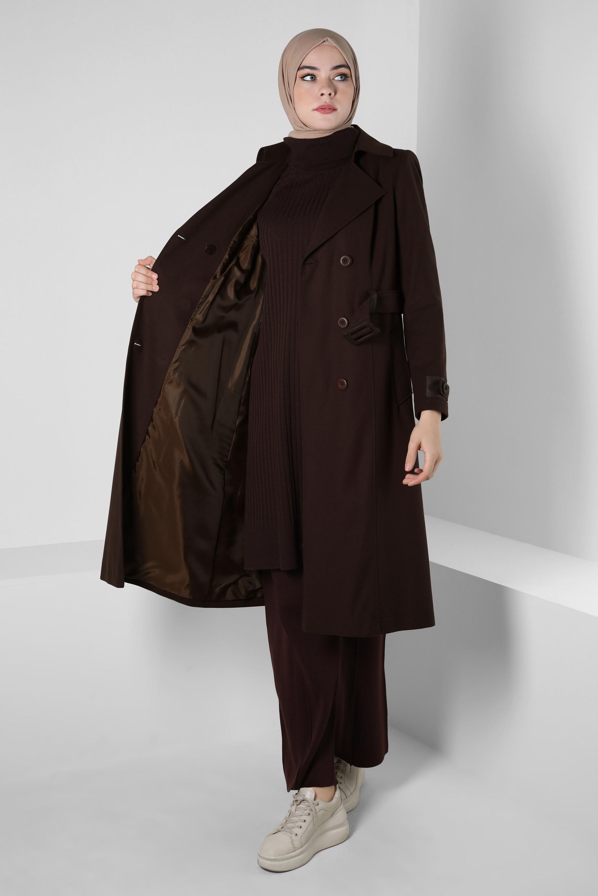 Tesettür giyim KAHVE KEMERLİ TRENÇKOT 10814