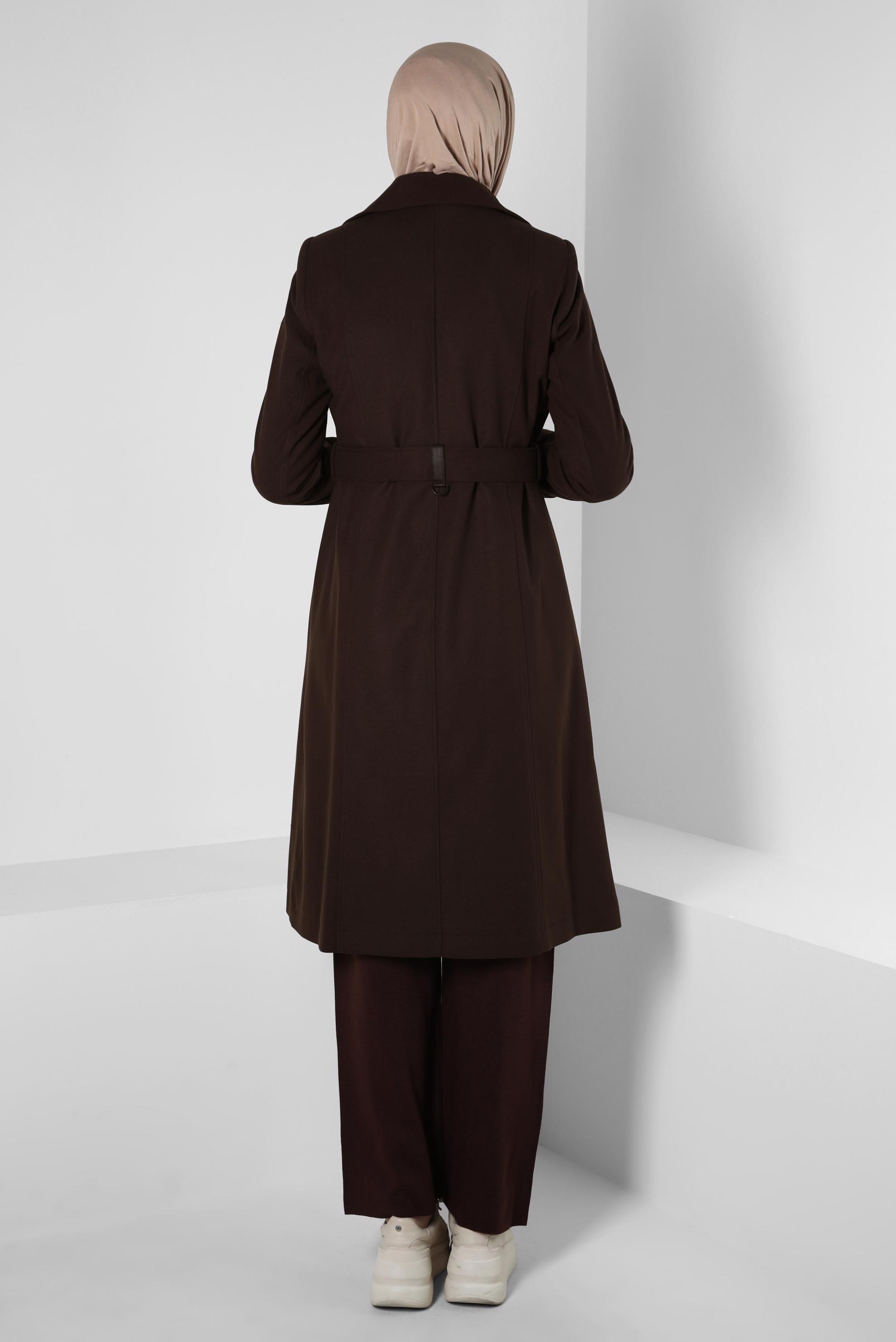 Tesettür giyim KAHVE KEMERLİ TRENÇKOT 10814