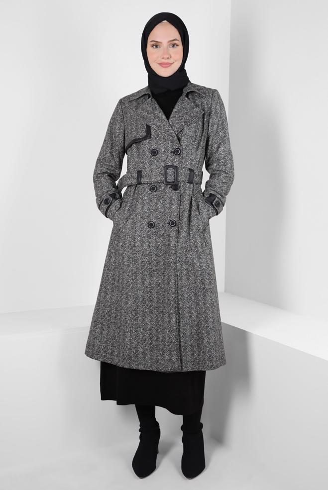 Hijab clothing BLACK BELTED TRENCH COAT 10814-1 - ALVİNA