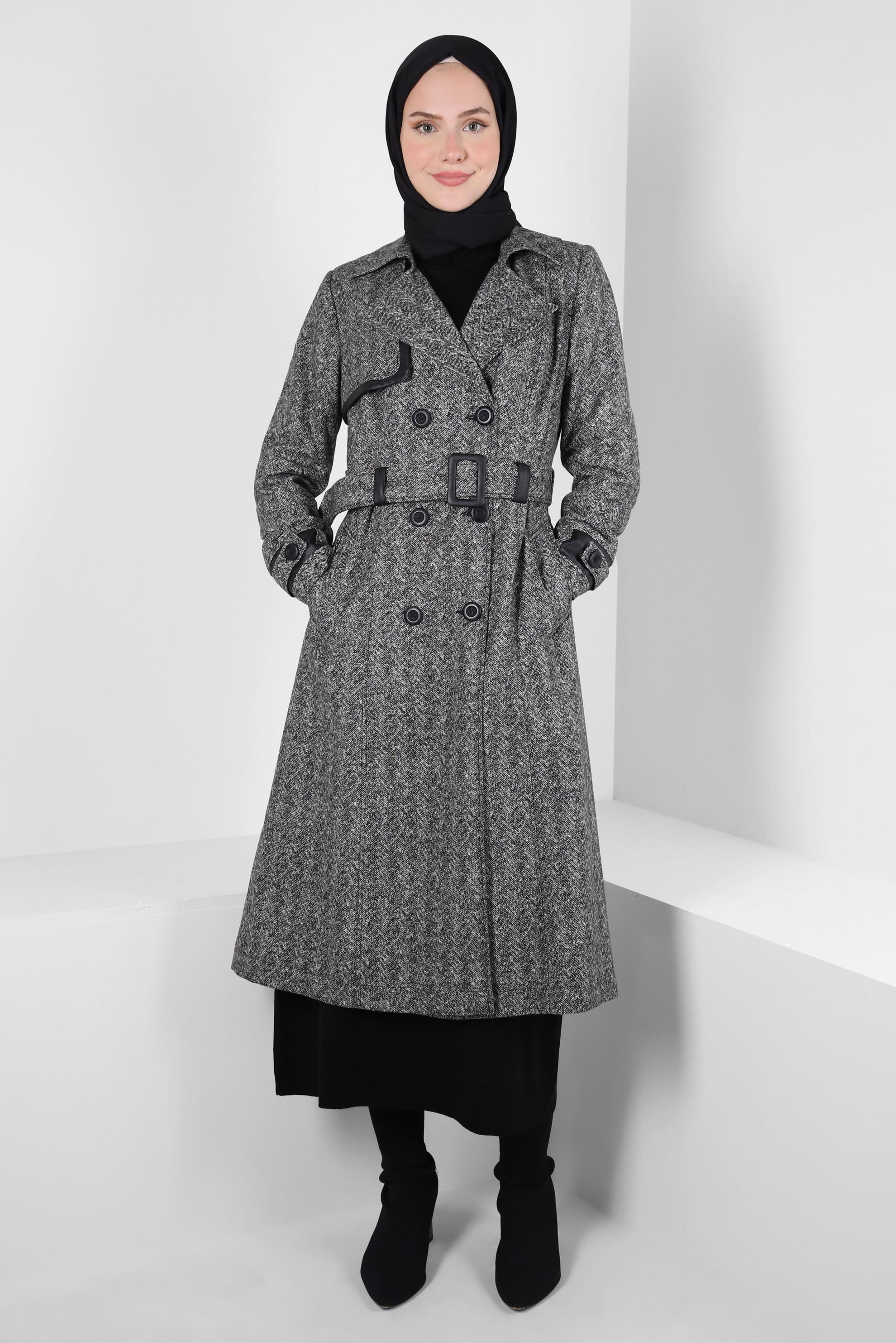 Vêtements hijab NOIR TRENCH-COAT CEINTURE 10814-1