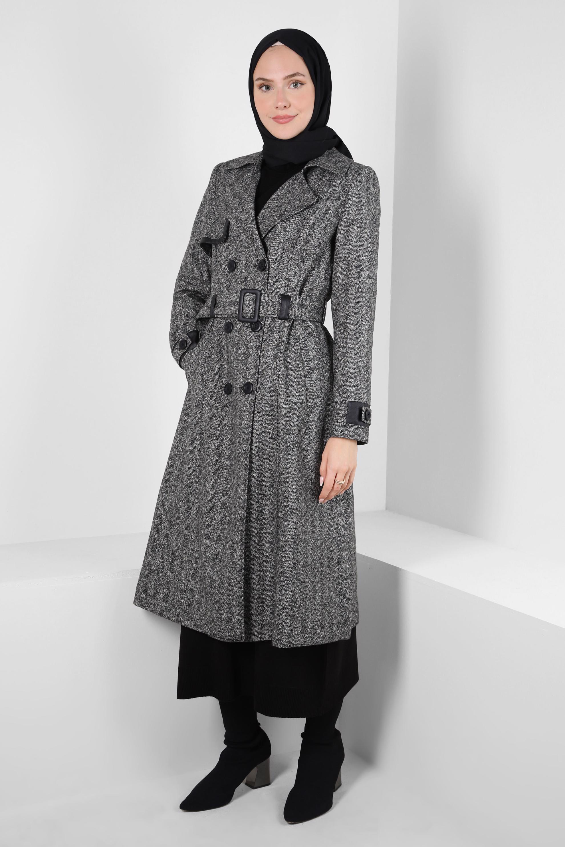 Vêtements hijab NOIR TRENCH-COAT CEINTURE 10814-1