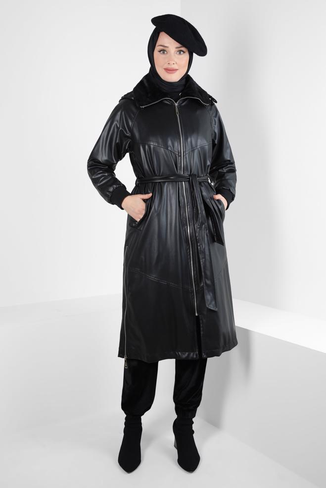 Hijab clothing BLACK FAUX LEATHER TRENCH COAT 10816 - ALVİNA