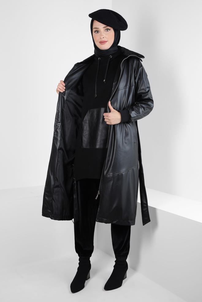 Hijab clothing BLACK FAUX LEATHER TRENCH COAT 10816 - ALVİNA