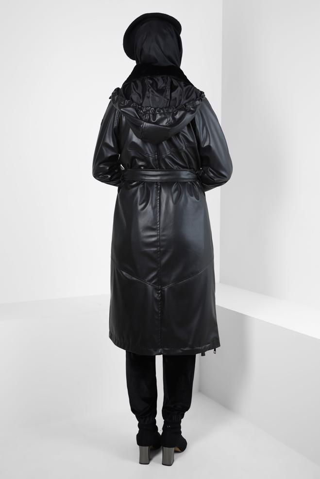 Hijab clothing BLACK FAUX LEATHER TRENCH COAT 10816 - ALVİNA