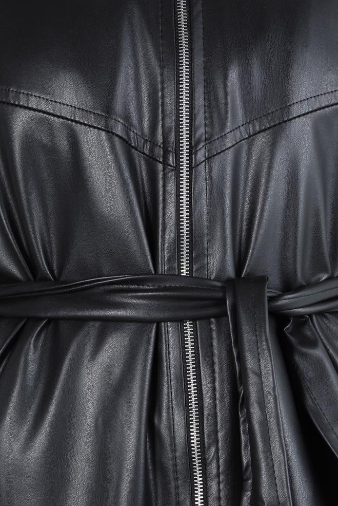 Hijab clothing BLACK FAUX LEATHER TRENCH COAT 10816 - ALVİNA