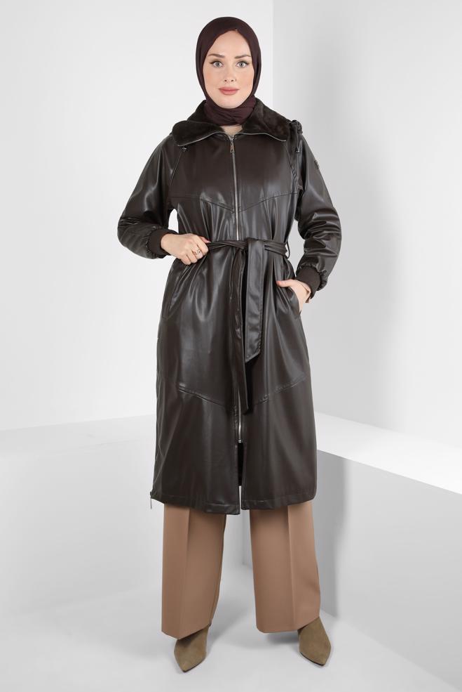 Hijab clothing BROWN FAUX LEATHER TRENCH COAT 10816 - ALVİNA