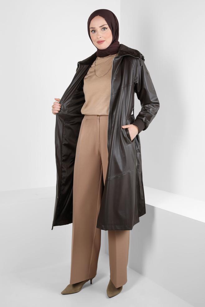 Hijab clothing BROWN FAUX LEATHER TRENCH COAT 10816 - ALVİNA