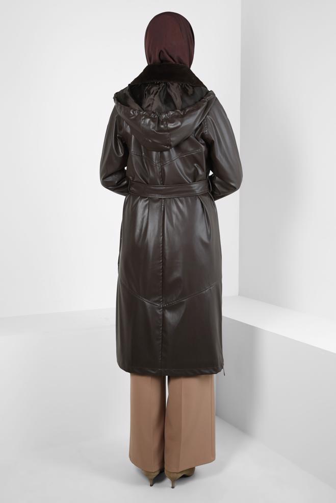 Hijab clothing BROWN FAUX LEATHER TRENCH COAT 10816 - ALVİNA