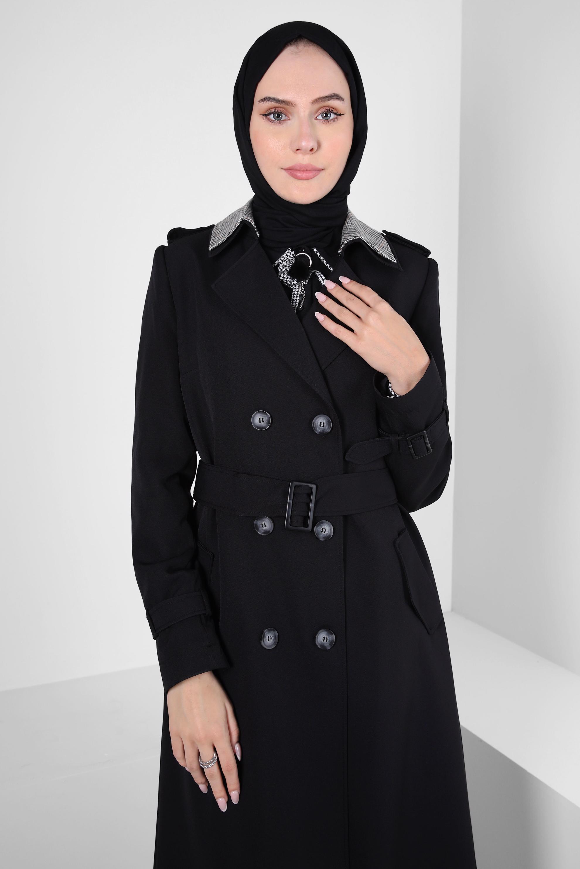 Tesettür giyim SİYAH KRUVAZE YAKA KEMERLİ TRENÇKOT 10826