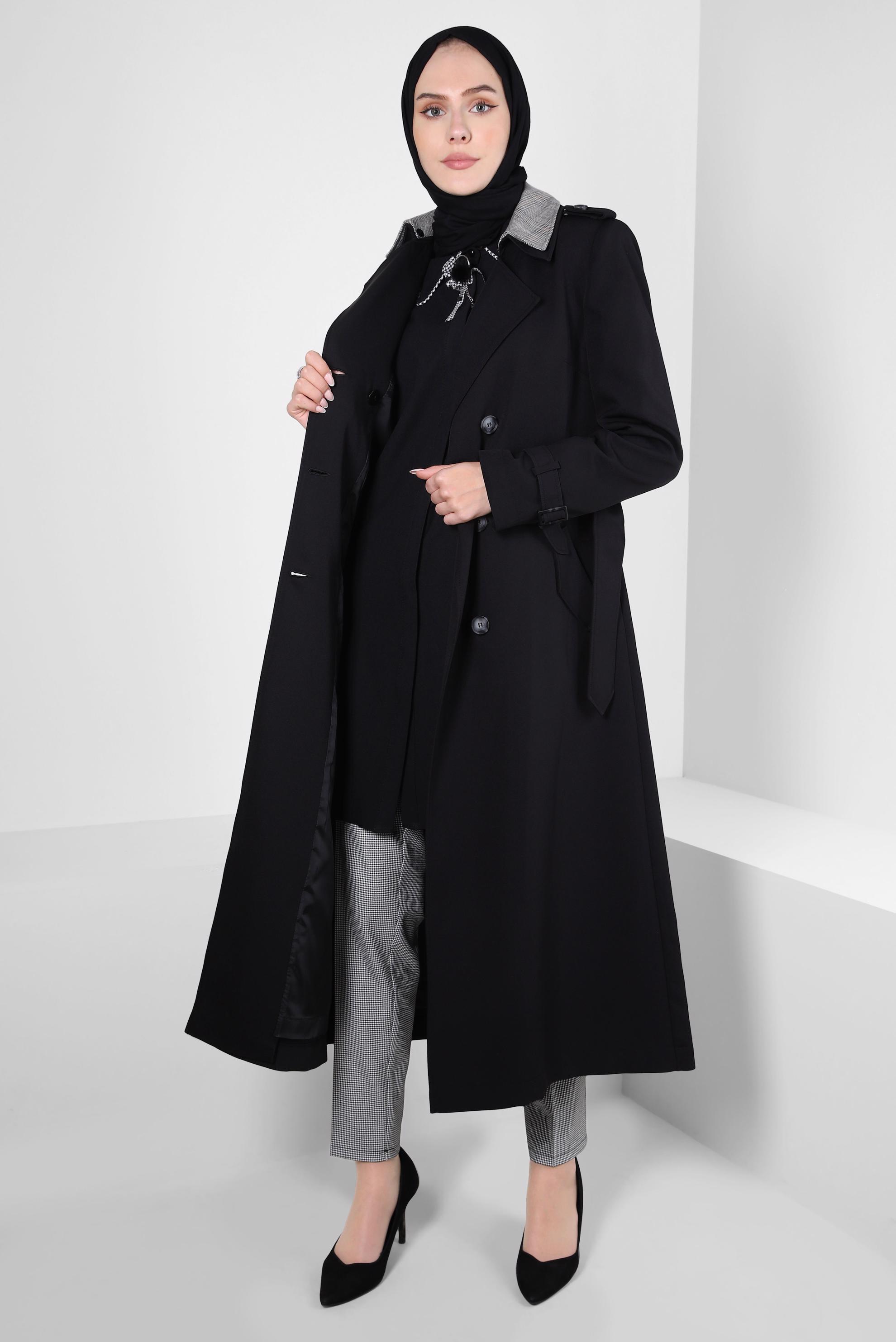 Tesettür giyim SİYAH KRUVAZE YAKA KEMERLİ TRENÇKOT 10826