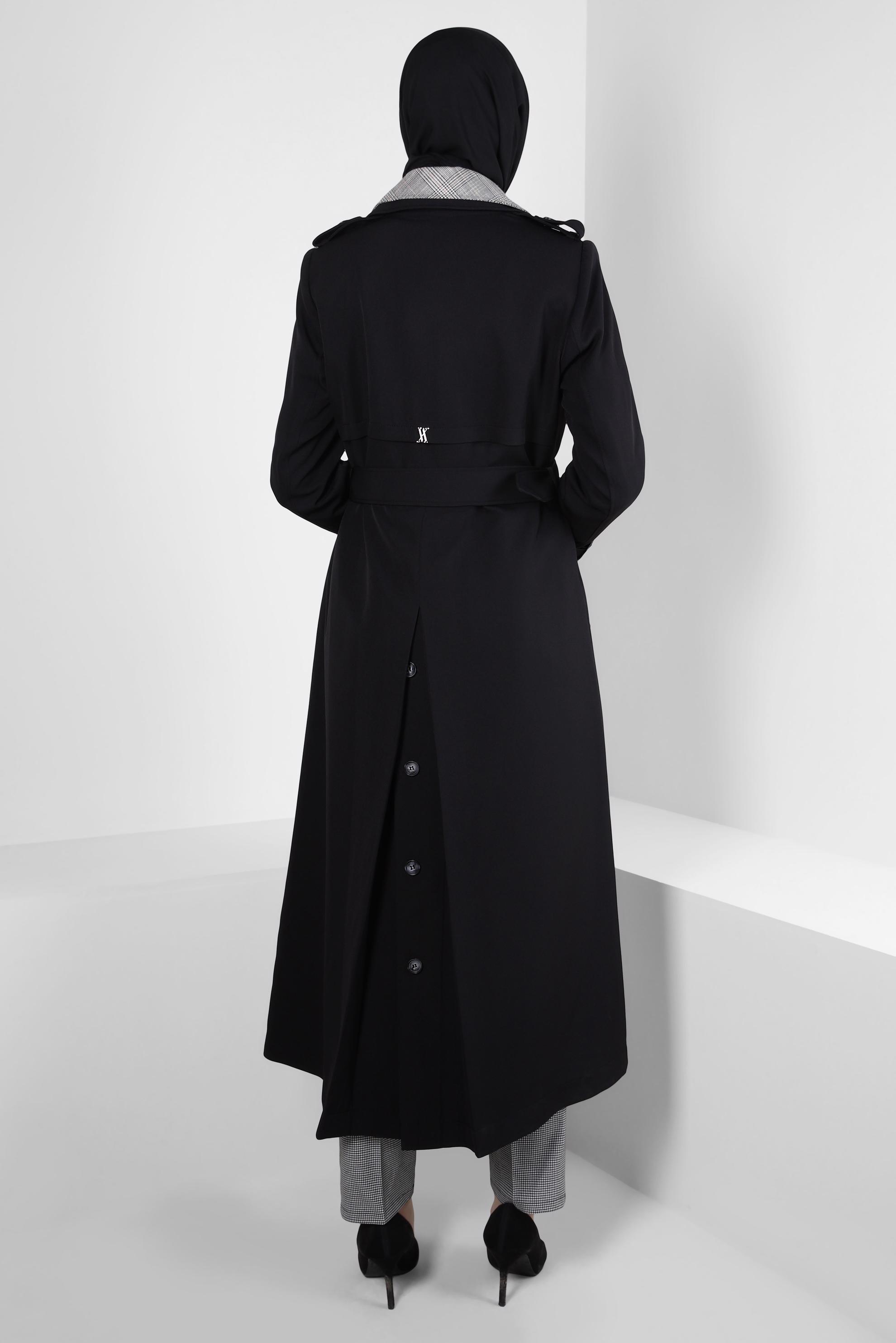 Tesettür giyim SİYAH KRUVAZE YAKA KEMERLİ TRENÇKOT 10826