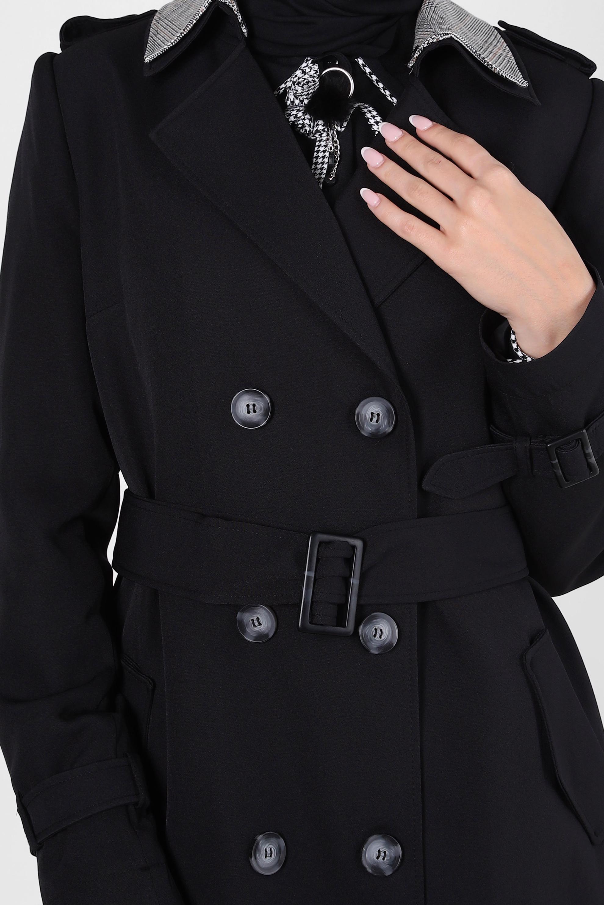 Tesettür giyim SİYAH KRUVAZE YAKA KEMERLİ TRENÇKOT 10826