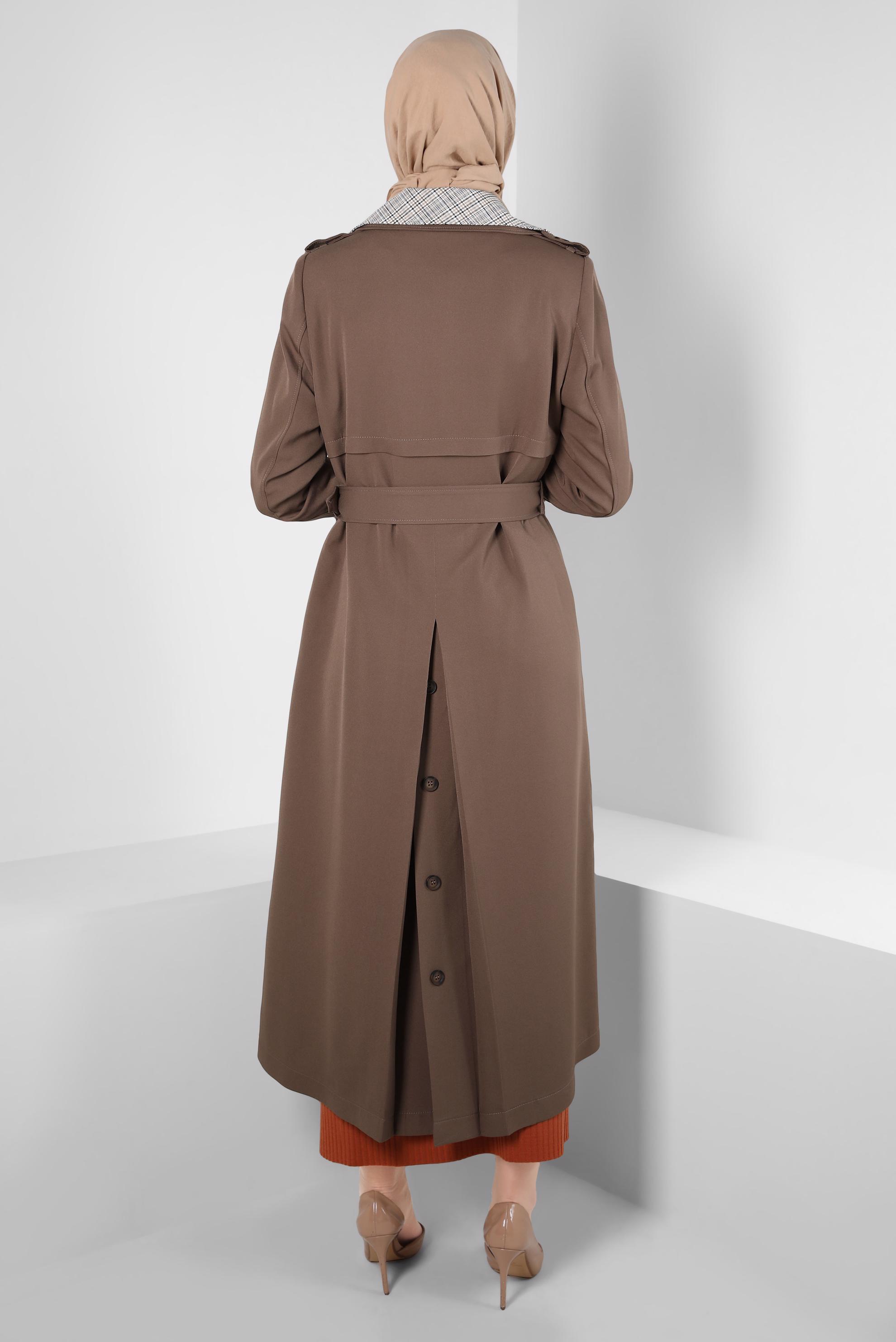 Tesettür giyim VİZON KRUVAZE YAKA KEMERLİ TRENÇKOT 10826