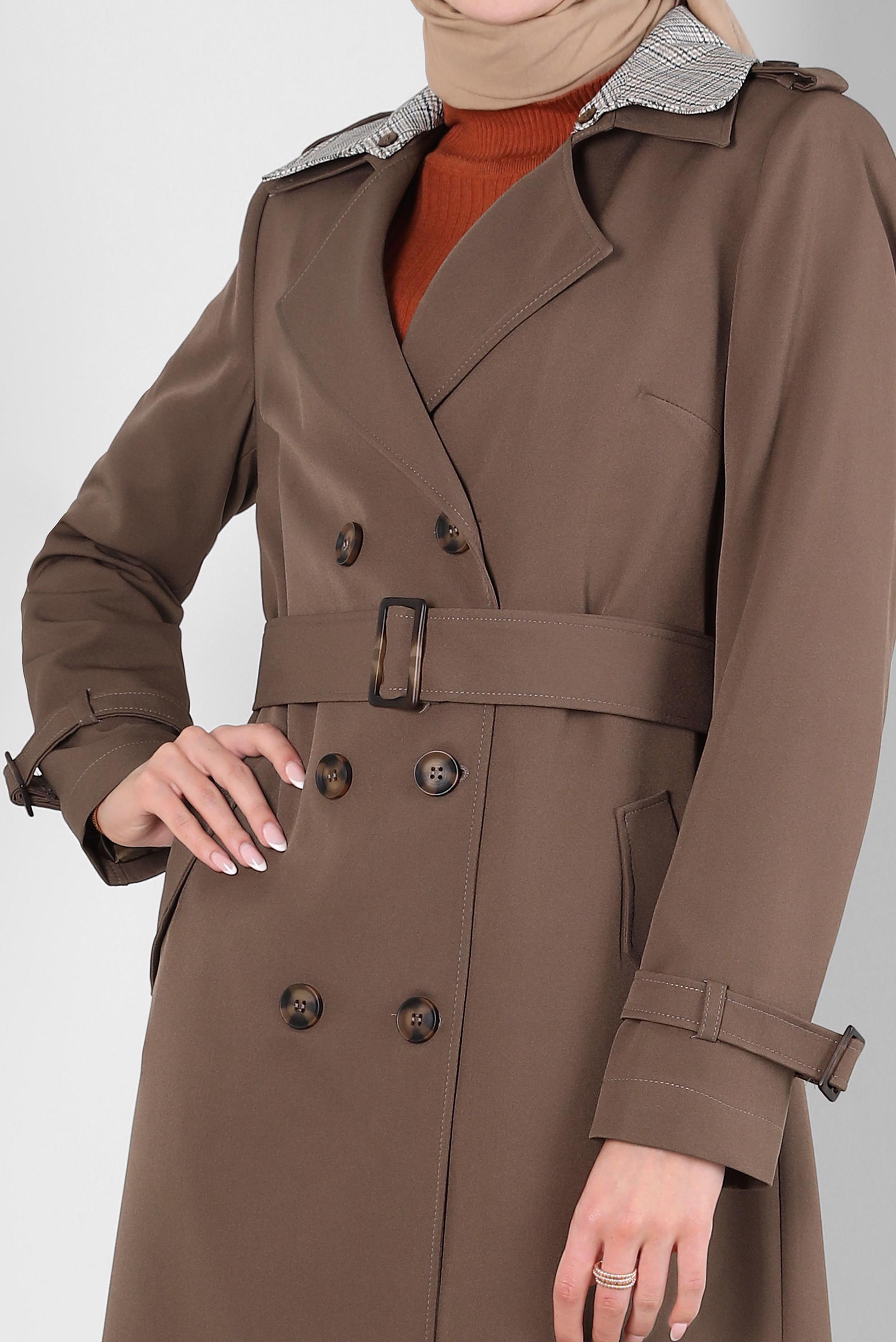 Tesettür giyim VİZON KRUVAZE YAKA KEMERLİ TRENÇKOT 10826