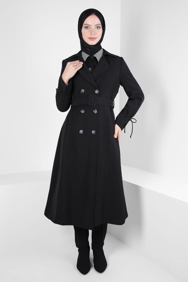 Hijab clothing BLACK BELTED TRENCH COAT 10834 - ALVİNA