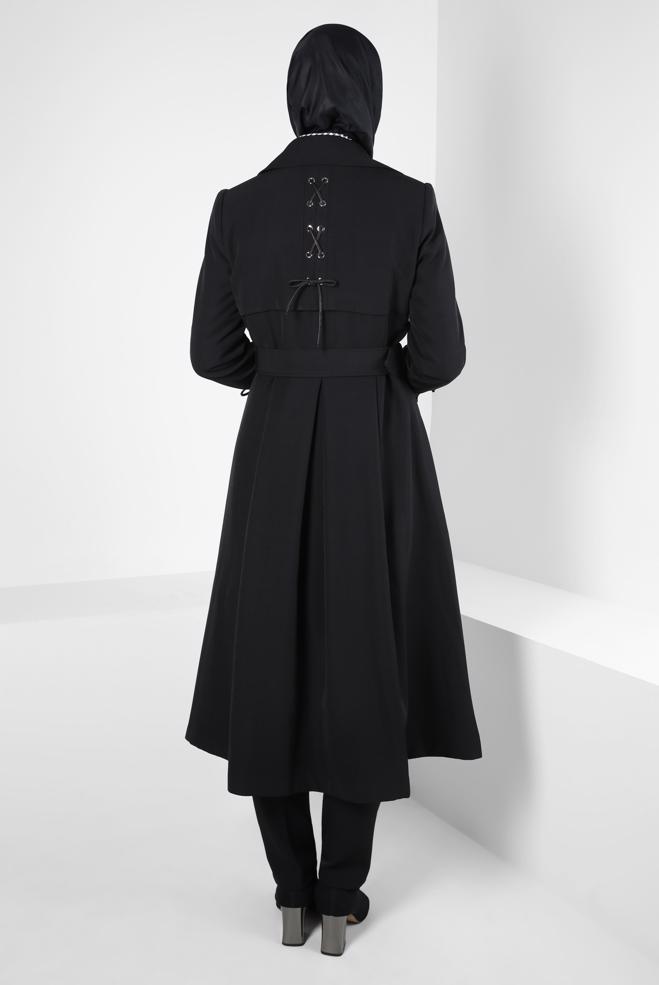 Hijab clothing BLACK BELTED TRENCH COAT 10834 - ALVİNA